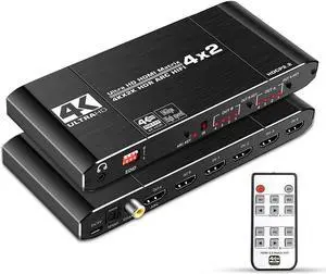HDMI Matrix Switch 4x2, 4K HDMI Matrix Switcher Splitter 4 in 2 Out Box with EDID Extractor and IR Remote Control Support 4K HDR, HDMI 2.0b, HDCP 2.2, 4K@60Hz, 3D, 1080P