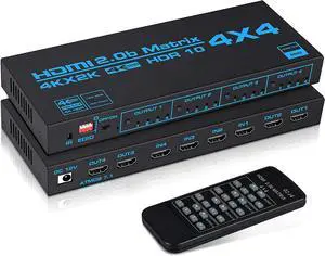 4K@60Hz HDMI Matrix Switch 4x4 with EDID, 4 in 4 Out HDMI Switcher Splitter Audio Video Distributor Selector Box with IR Remote, Support HDR, HDMI 2.0b, HDCP 2.2, 3D, 18Gbps, YUV 4:4:4