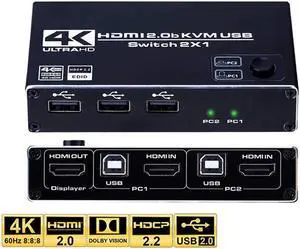 USB HDMI KVM Switch 2 in 1 Out 4K@60Hz HDMI USB KVM Switch with 2 PCs Share 1 Monitors and 3USB2.0 Hubs Compatible with Windows and Mac OS X