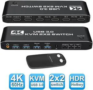 2x2 HDMI KVM Switch 2 Port 4K@60Hz, 2 Computers Sharing Dual Monitor Keyboard Mouse Peripherals Selector Box