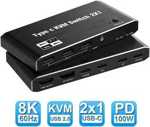 8K USB C KVM Switch HDMI 2 Port 8K@60Hz 4K@120Hz, HDMI 2.1 KVM Switch with and 100W Power Delivery for 2 Computers Share 1 Monitor(DP/HDMI Output) and 3 USB Devices,3.5mm Audio