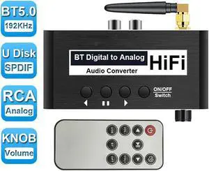 192KHz DAC Digital to Analog Audio Converter with USB Disk & Bluetooth 5.0 Receiver, Optical to RCA Converter with 3.5mm Audio Adapter with Volume Adjustment & Remote