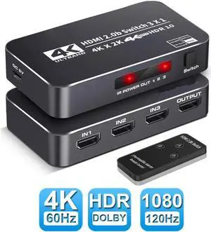 4K HDR HDMI Switch, 3 Ports 4K 60Hz HDMI 2.0 Switcher Selector with IR Remote, Supports Ultra HD Dolby Vision, High Speed (Max to 18.5Gbps), HDR10, HDCP 2.2 & 3D - OZQ2-2