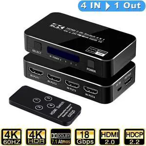 4K 60Hz HDMI Switch, 4K@60Hz HDMI Switcher (4 input 1 Output) with Remote Control, Auto Switch, HDMI 2.0, HDCP 2.2, HDR, Full HD, 3D for PS5/PS4/Xbox/Roku/Apple TV - OZQ5