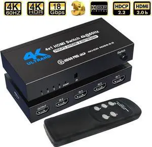 HDMI 2.0 Switch 4 Port, HDMI Switch Splitter 4 in 1 Out, Metal HDMI Switcher 4K with IR Remote, Support HDCP 2.2 Support 4K@60Hz Ultra HD 3D 2160P 1080P, Compatible for PS3/PS4,Xbox