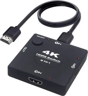 4K@60Hz HDMI Switchwith 3.9FT HDMI Cable, 3 Port HDMI Switch 3 in 1 Out, 3x1 HDMI2.0b Switch Box, Supports HDCP 2.2, UltraHD, HDR 10, 4K HDMI Selector Switcher for Game Consoles, Fire Stick