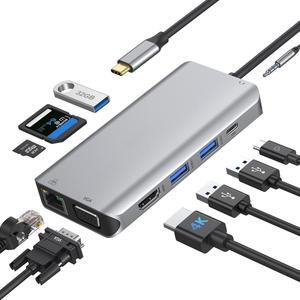 USB C Hub Multiport Adapter, 10 in 1 Laptop Docking Station Dual Monitors Dongle Dock with 4K HDMI, VGA, Ethernet, 3 USB 3.0, PD 3.0, SD/TF, Mic/Audio for MacBook Pro/Air, Dell, Surface Go, HP