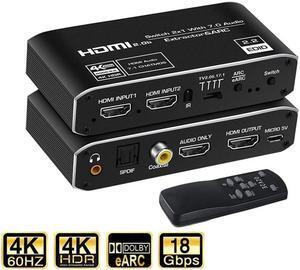 HDMI Splitter Audio Extractor with Remote Control , 4k@60Hz 2 in 1 out with Optical Toslink SPDIF + Coaxial + 3.5mm Audio Out Supports Auto Scaling, HDCP2.3, HDMI2.0b