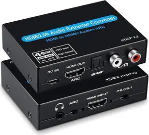 HDMI 2.0 Audio Extractor Converter with Compatible with Dolby Digital Decoding 18Gbps 4K 60Hz + 1080P@120Hz + 1080P@144Hz + SPDIF + RCA HDCP 2.2 HDR10