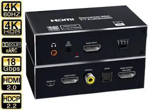 4K 60Hz HDMI eARC/ARC Audio Extractor Splitter, Optical Toslink SPDIF, 3.5mm Audio Jack, Coaxial, 7.1Ch Out Support HDMI 2.0 HDCP 2.2, LPCM7.1 HDR10+ DobIy Vision for PS5 Soundbar Blu-Ray