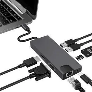 8 in 1 USB HUB Type-C to RJ45 Lan HDMI VGA Adapter Aluminum Slloy USB 3.0 HUB Card Reader Converter Cable for Macbook MateBook