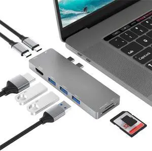 Mac USB C Hub Adapter, USB Type C Multi-port Hub MacBook Pro 2019 2018-2016, MacBook Air 8-in-2 with Thunderbolt 3, USB-C 100W PD, 4K HDMI, microSD/SD Card Reader, 3xUSB3.0