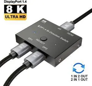 DisplayPort 8K DP1.4 2In 1Out 1In 2Out Switch Bi-Direction 8K@30Hz 4K@120Hz Splitter Converter for Multiple Source and displays