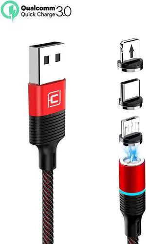 Magnetic 3-in-1 Charging Cable, 1-Pack x 4ft QC3.0 Fast Charging Cables, Nylon Braided Cord, Compatible with Micro USB, Type C for Smartphone and iProduct Device- Red