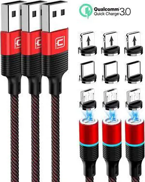 Magnetic QC3.0 Charging Cable(3 Pack,4ft)3 in 1 Cable,Compatible with Mirco USB, Type C Smartphone and iProduct Device(Red)