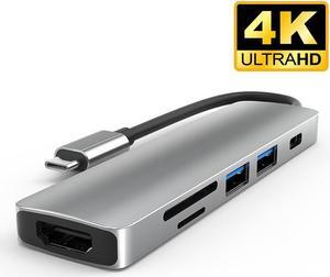 USB C Hub Multiport Adapter - 6 in 1 Portable Space Aluminum Dongle with 4K HDMI Output, 2 USB 3.0 Ports, SD/Micro SD Card Reader,87W Pd Charging Compatible for MacBook Pro, XPS More Type C Devices