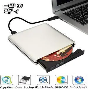 External DVD Drive, Aluminum USB 3.0 Type-C CD DVD +/-RW Optical Drive USB C Burner Slim CD/DVD ROM Rewriter Writer Reader Portable for PC Laptop Desktop MacBook Mac Windows 7/8.1/10, Silver