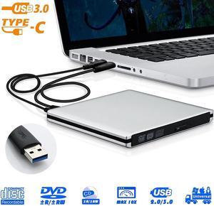 Aluminum External CD DVD Drive Portable CD/DVD ROM +/-RW Optical Drive Player Reader Writer Burner for Windows 10/8/7, Linux, Mac Laptop Desktop PC, MacBook Pro/ Air, iMac, Silver