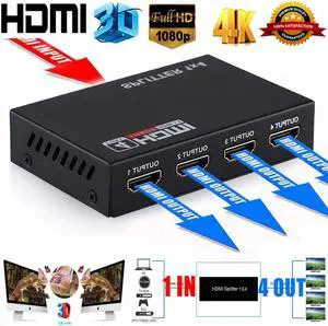 4K 1x4 HDMI Splitter (with Power Supply), 1 in 4 Out Port Powered V1.4b 4K@30Hz Video Converter with Full Ultra HD 1080P, 4Kx2K and 3D Resolutions (1 Input to 4 Outputs)