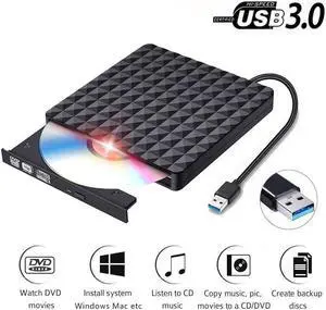 Diamond Pattern External CD Drive, USB 3.0 Portable CD DVD +/-RW Drive Slim DVD/CD ROM Rewriter Burner Writer, High Speed Data Transfer for Laptop/Macbook/Desktop/MacOS/Windows10/8/7-Black