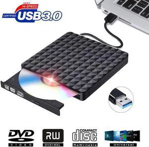 Diamond Pattern External CD Drive USB 3.0 Portable CD DVD +/-RW Drive Slim DVD/CD ROM Rewriter Burner Writer Compatible with Laptop Desktop PC Windows Linux OS Apple Mac (Black)