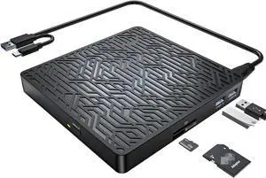 External CD DVD Drive USB 3.0 & Type-C, 5 in 1 External CD DVD Burner with 2 USB, 1 Micro USB, 1 SD/TF Ports, for All Laptop/Desktop, Compatible with Win11/10/8/7/XP/Vista/Linux/MacOS