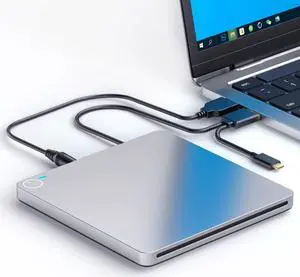 External CD DVD Drive, USB 3.0 & Type-C Portable CD DVD RW Drive Slim DVD/CD ROM Rewriter Burner Writer High Speed Data Transfer, Slot-in CD/DVD Drive for Laptop/MacBook/Desktop/MacOS