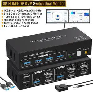 Dual Monitor HDMI + Displayport KVM Switch Support Copy and Extended Display 4k @120hz 8K @60hz USB KVM Switcher 2 in 2 Out for 2 Computers Share 2 Monitor and 4 USB 3.0 Ports with External Controller