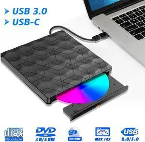 External CD DVD Drive, USB 3.0 Type-C Portable CD/DVD ROM +/-RW Optical Drive Player Reader Writer, External CD/DVD Burner for Windows 10/8/7 Linux MacOS Laptop Desktop PC , Black 8iop
