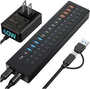 Powered USB Hub, 16 Port 60W USB Hub 3.0 with 4*USB A Smart Charging, 2*USB C 3.0, 10*USB A, Wall Mountable USB Hub, Individual On/Off Switches, 12V/5A DC Power Adapter for Laptops, PC