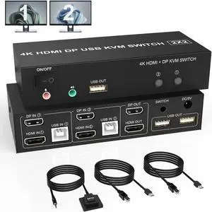 Dual Monitor HDMI + DP KVM Switch 2x2, DisplayPort and HDMI 4K@60Hz Extended Display KVM Switch 2 Monitors 2 Computers with Audio Microphone Output and 3 USB Ports, PC Monitor Keyboard Mouse Switcher