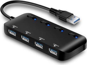 Powered USB Hub Splitter 3.0-4 Port Black Non Slip USB Data Hub with One Smart Charging Port,Individual On/Off Blue LED Indicator Power Switches Compatible for Mouse/Keyboard/PC/USB Flash/Mobile HDD