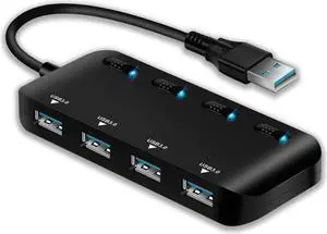 4 Port Powered USB 3.0 Hub Splitter, Ultra Slim USB Data Hub with Individual Power Switches and LEDs, for MacBook Air, Laptop, iMac,PC, USB Flash Drives, Hard Drive (Black)
