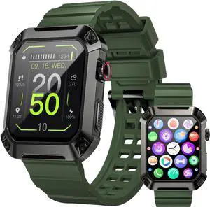 Military Smart Watches for Men - 5ATM/IP68K Waterproof, Blood Oxygen, Heart Rate, Sleep Monitor, Fitness Tracker Rugged Smart Watch for Compatible with Android and iOS Phones (Green)