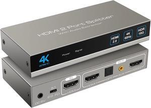 HDMI Splitter Audio Extractor 1 in 2 out 4K 60Hz HDMI Dual Monitor Adapter with Optical Toslink SPDIF+3.5mm Audio out for Dual Monitors Duplicate/Mirror only Supports Auto Downscaling HDCP2.3 HDMI 2.0