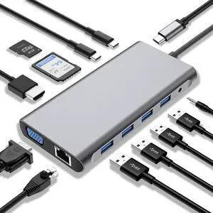 USB C Hub MultiPort Adapter, 12 in 1 Type C Docking Station USB C Dongle with 4K HDMI, VGA, 3×USB 2.0&USB 3.0, PD 100W, Ethernet RJ45 Port, SD/TF, 3.5mm AUX, for MacBook Pro/Air and Type C Laptops