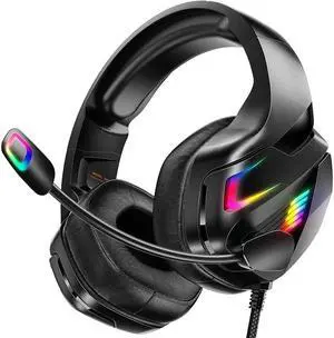 Wired Gaming Headset for PS5, PS4, PC, Stereo Surround Sound Gaming Headphones with Noise Cancelling Microphone, Over-Ear Gamer Headset with 4 Mode RGB Light for Laptop Mac Switch XboxOne (Black)