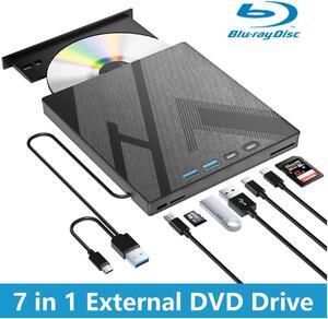 7 in 1 External Blu-ray Drive, USB 3.0 Type-C Optical External Blueray/DVD Drive Burner with SD/TF Port, Support 100G Bluray Disc R/W for PC Compatible with Windows XP/7/8/10/11 Mac Laptop Desktop