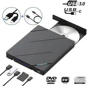 [6 in 1] External CD DVD Drive with 3 USB 3.0 Ports and TF/SD Card Slots, USB 3.0 Type C Portable CD/DVD Disk Drive Player Burner Reader Writer for Laptop Desktop Windows 11/10/8/7 Linux Mac OS