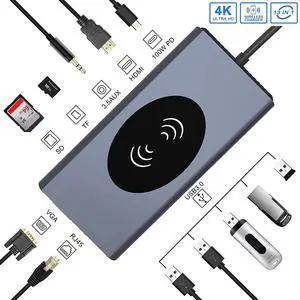 USB C Hub Laptop Docking Station, Wireless Charger 13-in-1 USB C Adapter with Ethernet, Power Delivery Laptop with 4K HDMI Output, 1000M RJ45 Ethernet, 60W PD, VGA, 5 USB 3.0 Ports, SD/TF Card Reader