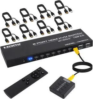 8 Port HDMI KVM Switch 8 in 1 Out, 4K @60Hz HDMI KVM Switch for 8 PCs Share 1 Monitor and 4 USB Devices, Including 8 HDMI KVM Cables and IR Remote Control