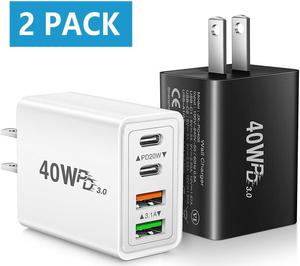 USB C Wall Charger, [2 Pack] 40W 4 Ports Fast Charging Block Double USB C Charger Dual Port PD+QC Wall Plug Multiport Type C Charger Block for iPhone 15 14 13 12 11 Pro Max ,Android Phones, Tablet