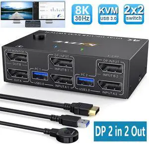 DisplayPort 1.4 KVM Switch Dual Monitor 2 in 2 Out 8K @30Hz 4K@144Hz, DP1.4 USB KVM Switch and 4 USB 3.0 for 2 Computers, Backnward Compatible DP1.2 with DP+USB Cables and Wired Controller eokCXOY