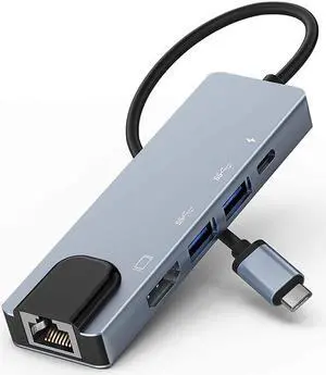 USB C Hub, 5-in-1 USB C Hub with Ethernet, USB-C Multiport Adapter with 4K HDMI, Ethernet input, 2*USB Ports, USB C PD Charging for MacBook Pro 2019, iPad Pro2020, XPS15, Pixelbook, and more