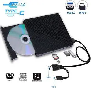 USB 3.0&USB-C External CD DVD Drive,Multifunctional External CD/DVD +/- RW Burner Player Writer Support SD/TF Card/2 USB 3.0 Ports/Charging,Compatible with Mac OS/Windows/MacBook/Laptop/Desktop-Black