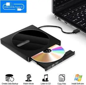 External DVD Drive, High-Speed Data Transfer USB Type C and USB 3.0 Slim DVD-RW Player Burner Writer Rewriter for Laptop Notebook Desktop PC Mac OS/Windows/Linux (Black)
