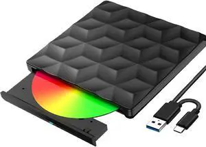 External CD DVD Drive Type-C USB 3.0, Portable Slim DVD/CD +/-RW Drive CD/DVD ROM Rewriter Burner Reader Player High Speed Data Transfer Optical DVD Drive for Mac OS, Windows, Laptop, Desktop