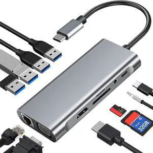 USB C Hub, 11 in 1 USB C Dock Multiport USB C Dongle with 4K HDMI, VGA, 10/100Mbps RJ45 Ethernet Adapter Port, 100W PD, 4 USB Ports, SD/TF Card Reader, 3.5mm Audio Port for MacBook, XPS, and More