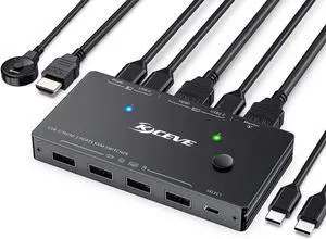USB Type-C HDMI KVM Switch 4K@60Hz, USB C +HDMI Switch for 2 Computers Share 1 Monitor and 4 USB Devices,Compatible with Thunderbolt 3, with 100 W Power Delivery, Wired Remote and 3 Cables Included