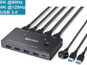 8K HDMI KVM Switch 2 Ports, USB 3.0 HDMI2.1 KVM Switcher Box, Support 7680x4320 8K @60Hz, 3840x2160 4K @120Hz Resolution for 2 Computers Share Mouse Keyboard and Monitor